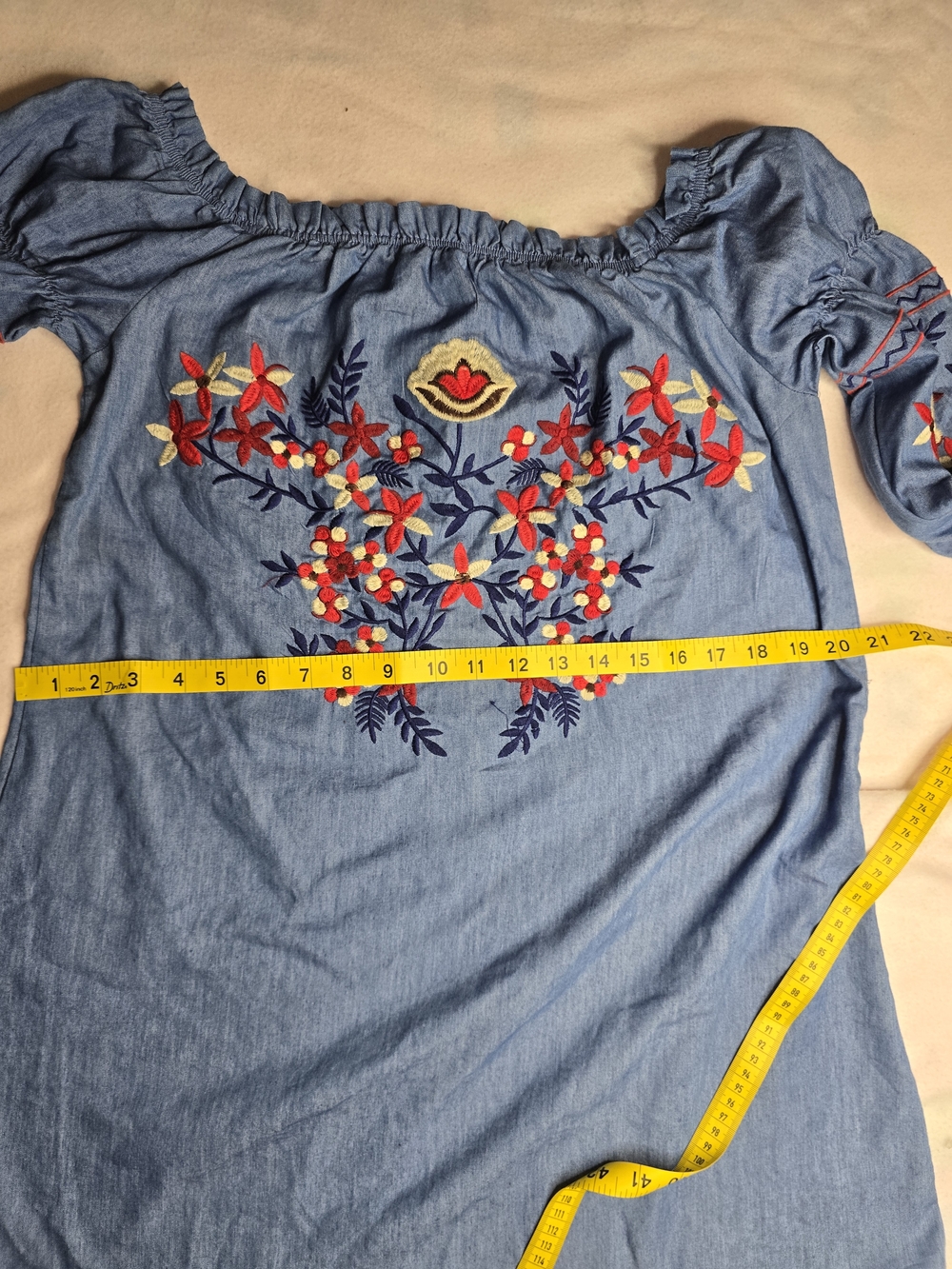 Embroidered Off-Shoulder Mini Dress in Denim Blue - Picture 6 of 8